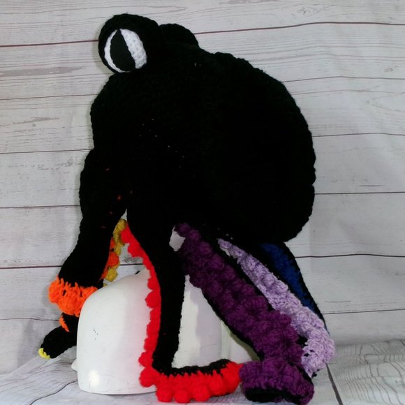 Black and Rainbow Crochet Octopus Hat Adult Size